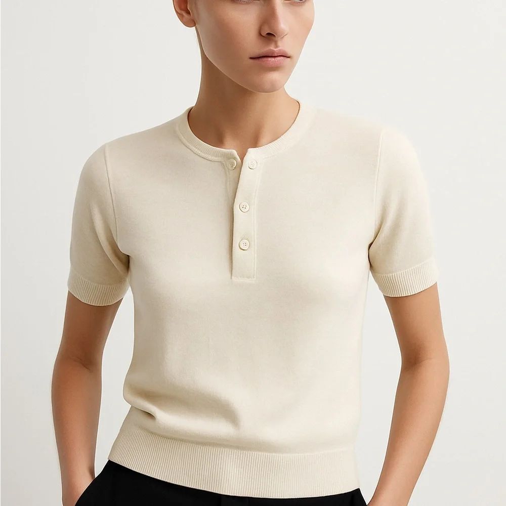 Vintage Snowflakes Pure Wool Short Sleeve Henley Sweater Top Size 36 (S)